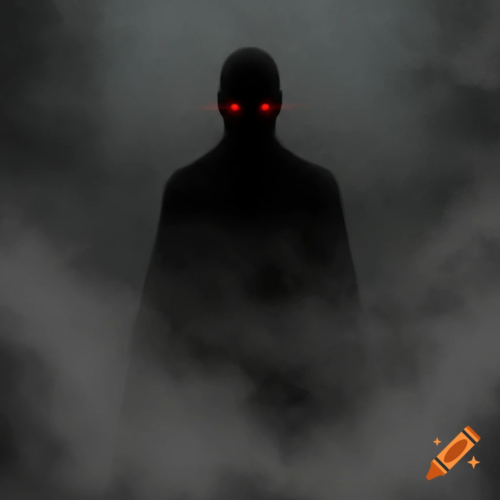 A shadowy, faceless figure with glowing red eyes stands in a dense, dark fog.