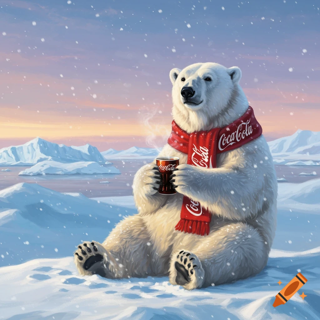 A polar bear wearing a red Coca-Cola scarf sits in a snowy arctic landscape, holding a cup of steaming beverage as snow falls.