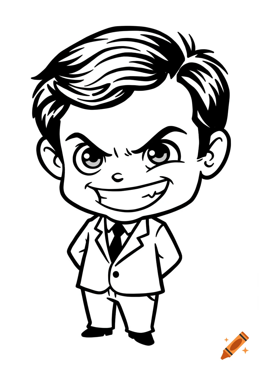 Black and white chibi cartoon of a boy in a suit with a mischievous grin, in a line art or tattoo stencil style.