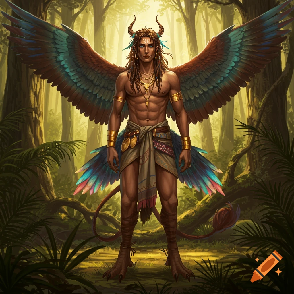 A toned, winged demihuman with horns, long brown hair, and gold jewelry stands in a lush jungle, in a detailed fantasy illustration.