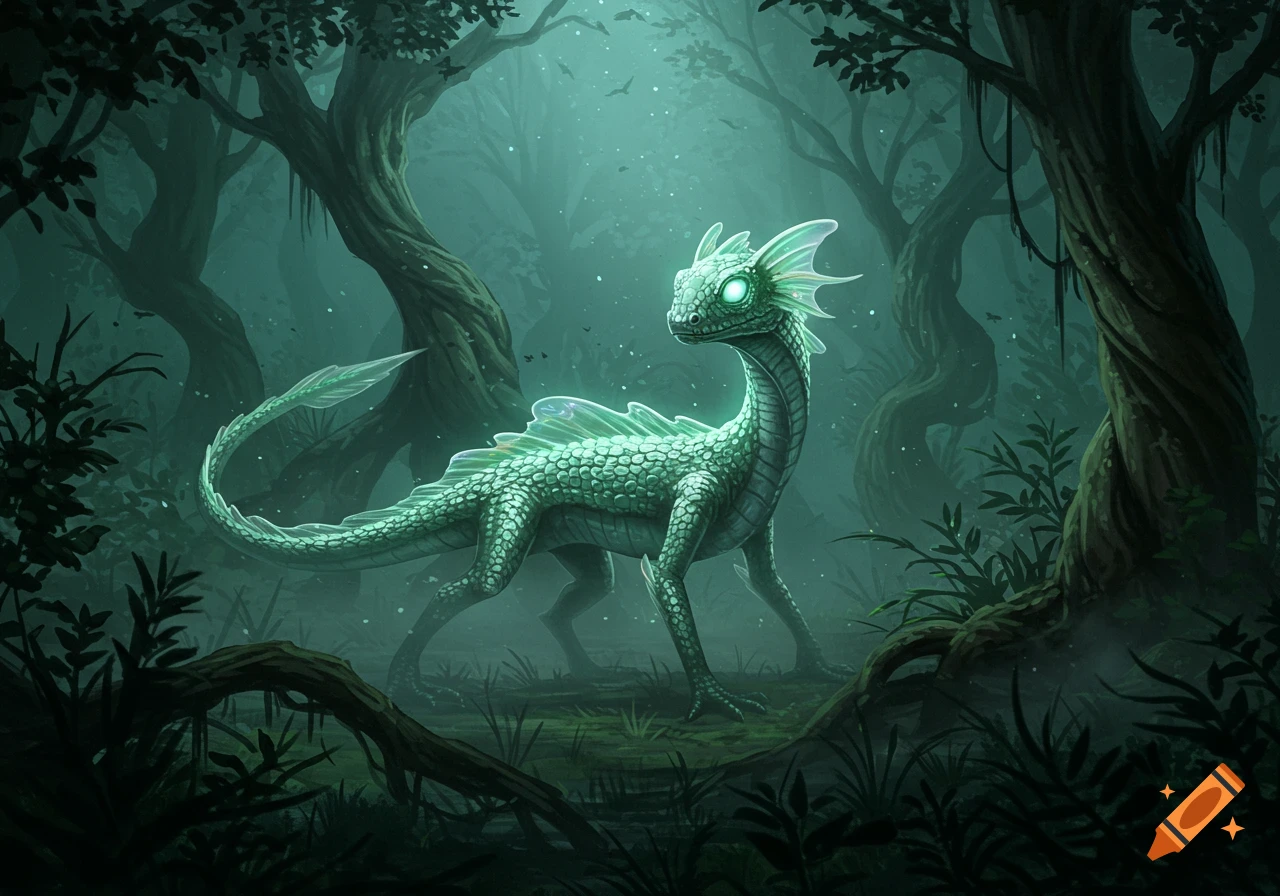 A glowing green dragon-like cryptid with large eyes stands in a dark, mystical forest.