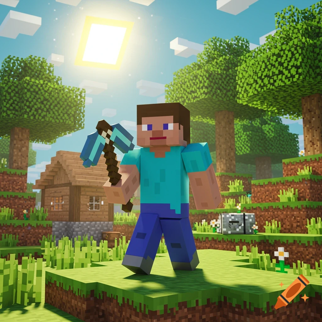 Minecraft Steve holds a diamond pickaxe in a sunny, blocky world with trees, grass, and a wooden house.