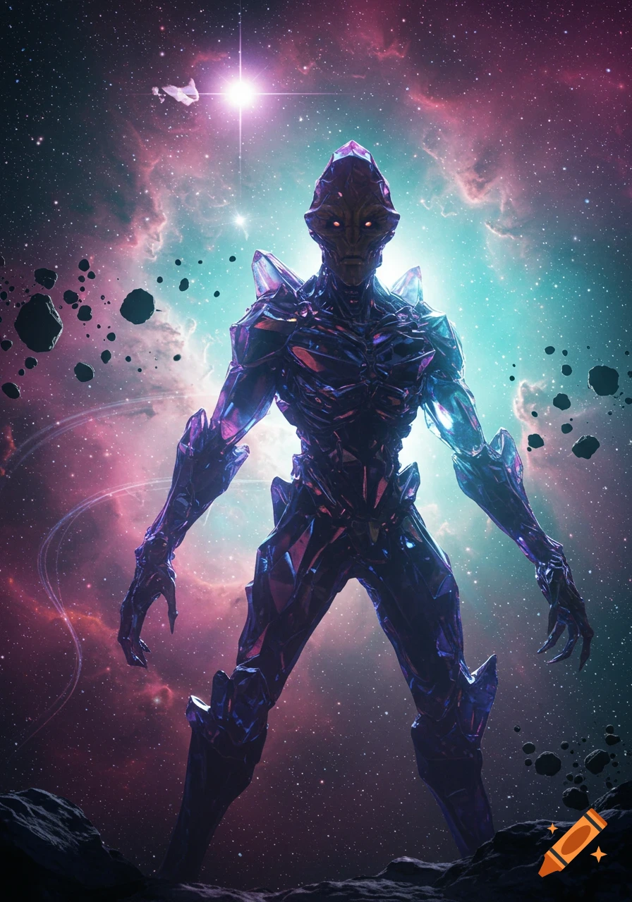 A crystalline alien creature stands on a rocky planet in deep space, surrounded by nebulae, stars, and asteroids. Sci-fi digital art.