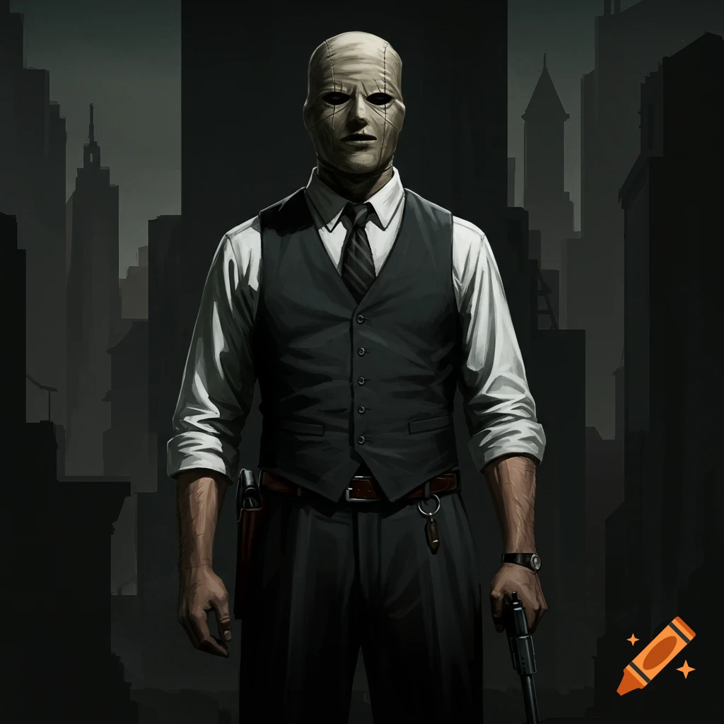 A masked man in a suit and tie stands in a dark, stylized city, holding a pistol in a comic book noir style.