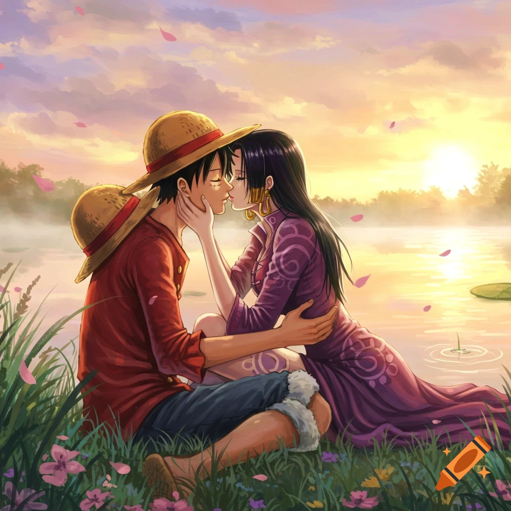Anime characters Luffy and Hancock share a kiss by a shimmering lake at sunset, surrounded by flowers and falling petals.