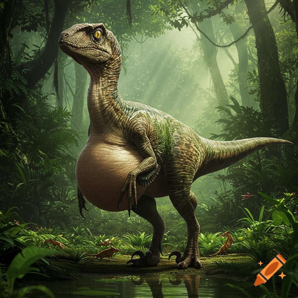 A photorealistic velociraptor with a massive, bulging stomach stands in a lush, green jungle near a reflective pool.