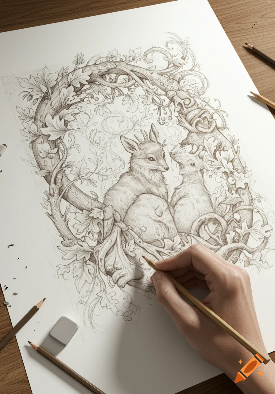 A hand sketching a detailed pencil drawing of a fox and another animal amidst ornate foliage on white paper.