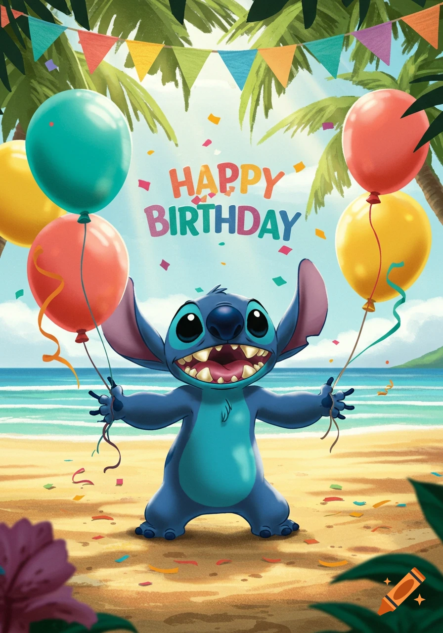 Stitch holding colorful balloons on a tropical beach with confetti and 'HAPPY BIRTHDAY' text in a cartoon style.