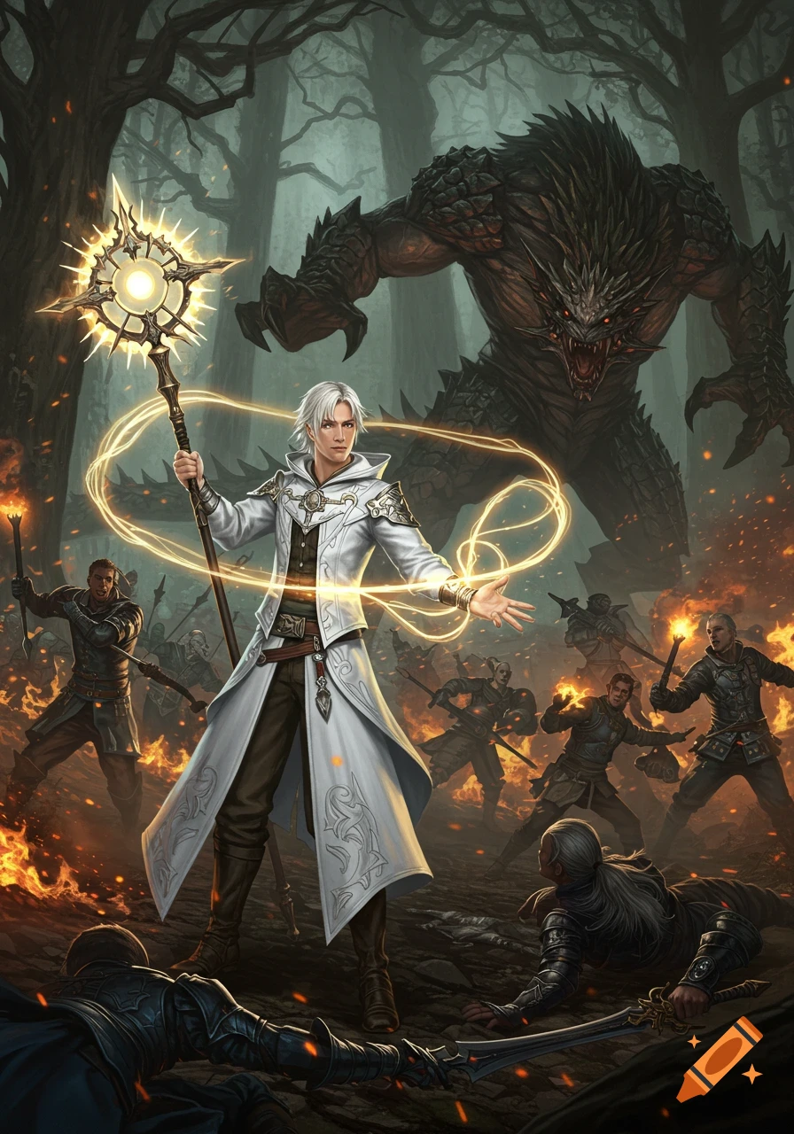 White-haired mage casts a radiant spell, defending warriors against a massive monster in a dark, fiery fantasy forest battle. Detailed illustration.