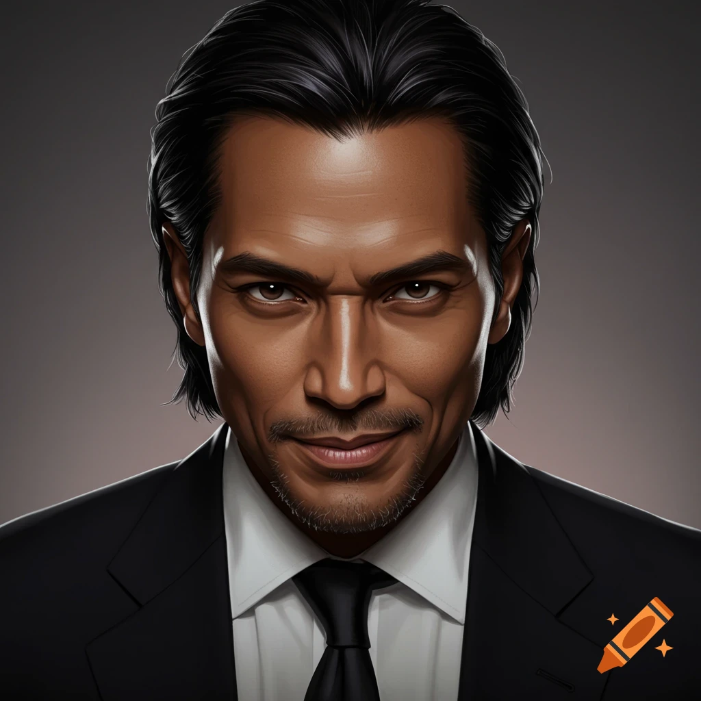 Close-up of a handsome man with dark hair, a goatee, and a devilish smile, wearing a black suit and white shirt, in a digital art style.