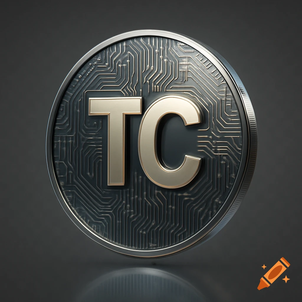 A shiny metallic coin with the letters TC and circuit board patterns on a dark background.
