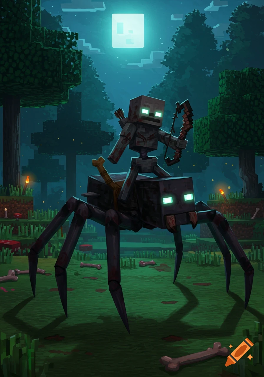 A Minecraft-style skeleton archer rides a large spider through a blocky forest under a square moon at night.