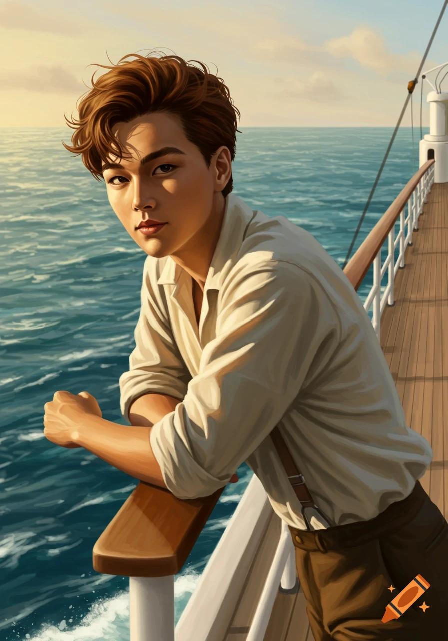 Digital painting of a young man with brown hair leaning on a ship's railing, looking at the viewer. Ocean and sunset in the background.