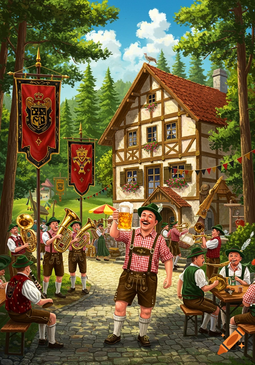A vibrant illustration of a German Oktoberfest celebration with men in lederhosen drinking beer and playing instruments outside a traditional timber-framed house.