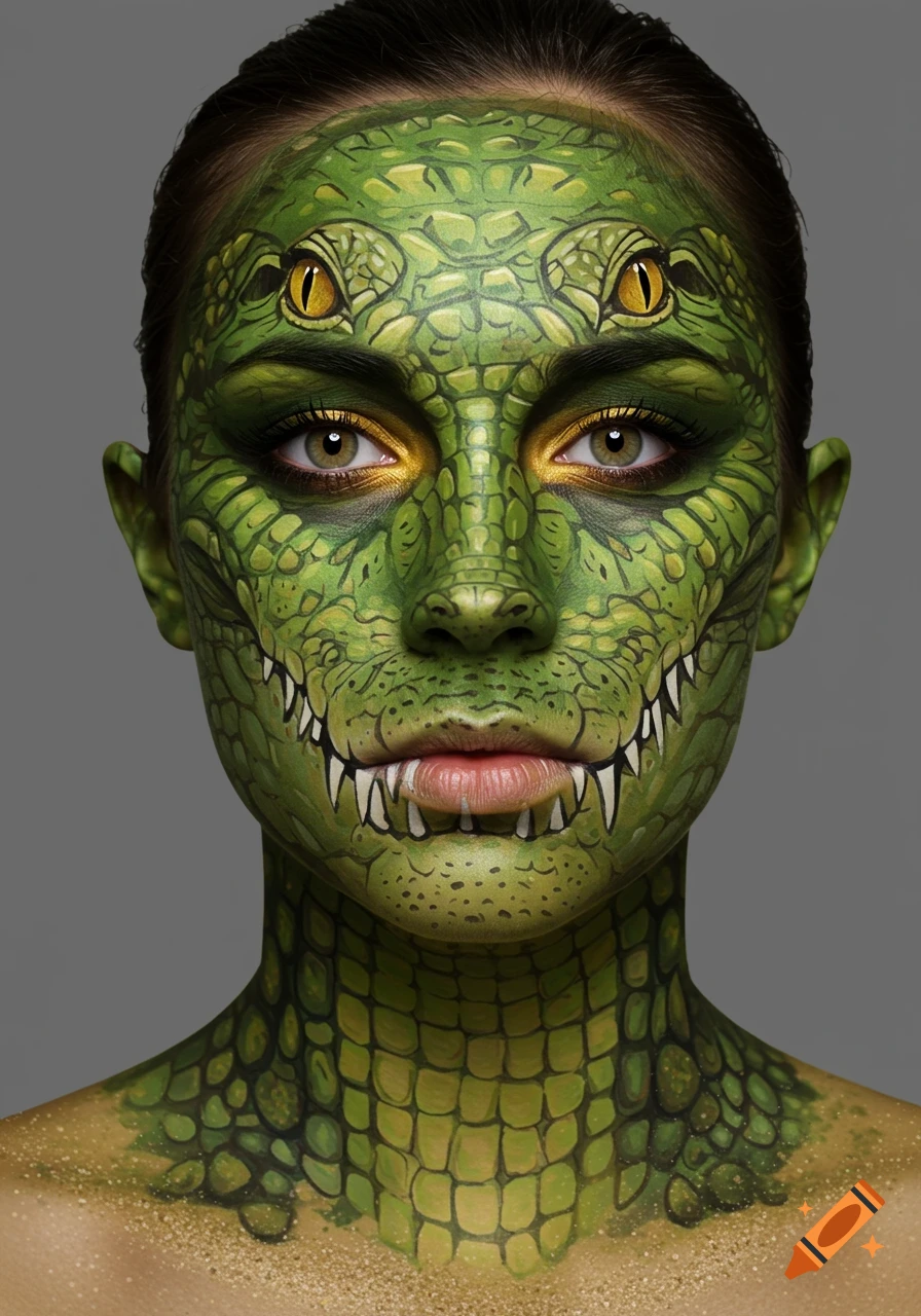 Close-up of a woman's face and upper chest with intricate green crocodile-skin face paint, golden eye makeup, and white fangs around her lips.