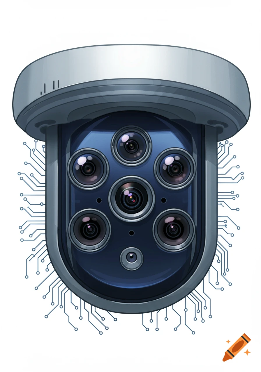 A clip art illustration of a multi-lens IP security camera surrounded by circuit board lines on a white background.