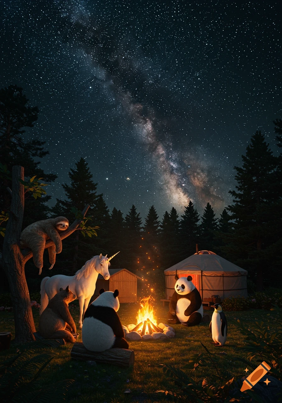 A sloth, unicorn, bear, two pandas, and a penguin gather around a campfire in a forest with a yurt under a starry night sky.