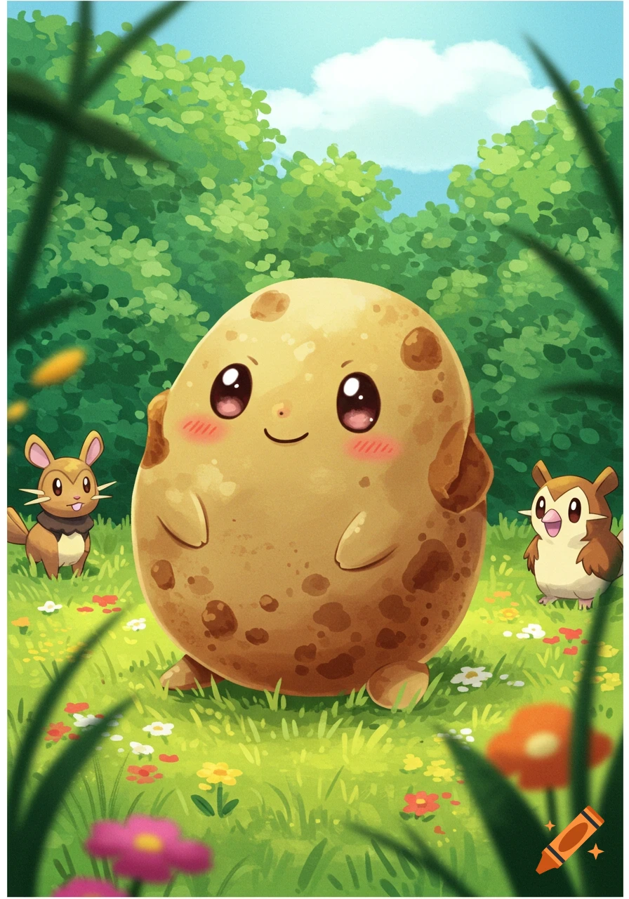 A cute, smiling potato creature in a Pokémon art style stands in a grassy field with colorful flowers and two small animal companions.