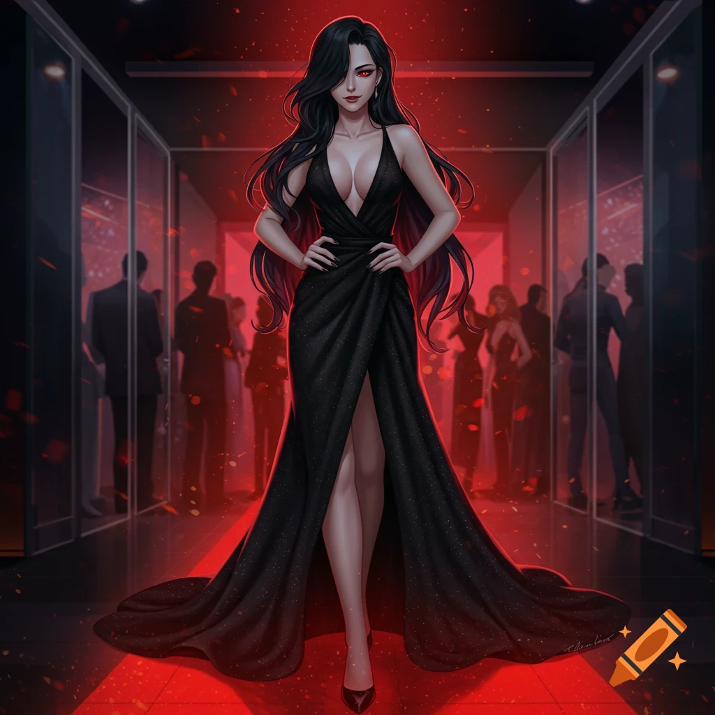 Confident anime woman with long black hair and red eyes in a shimmering black low-cut ballgown, walking on a red carpet at a fancy party.