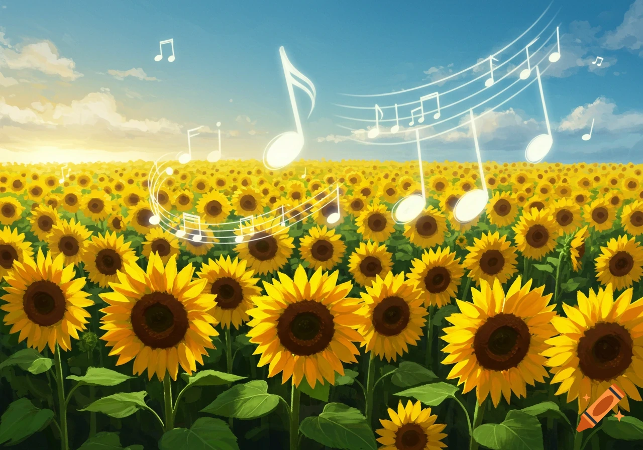 A vibrant field of sunflowers under a bright blue sky, with white musical notes gracefully floating above them.