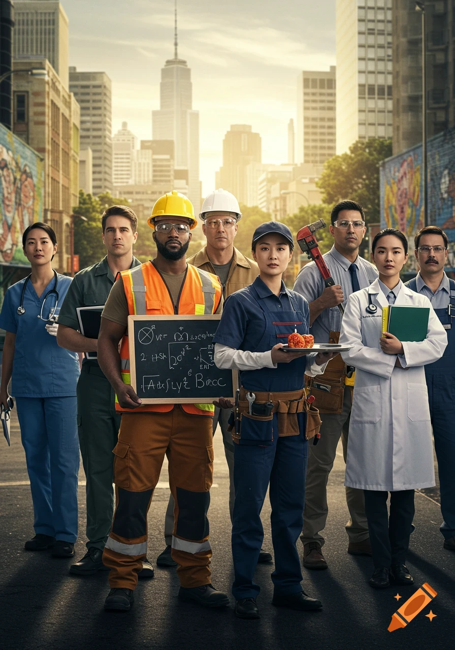 Photorealistic image of a diverse group of workers in various uniforms standing in a city street, looking at the viewer.