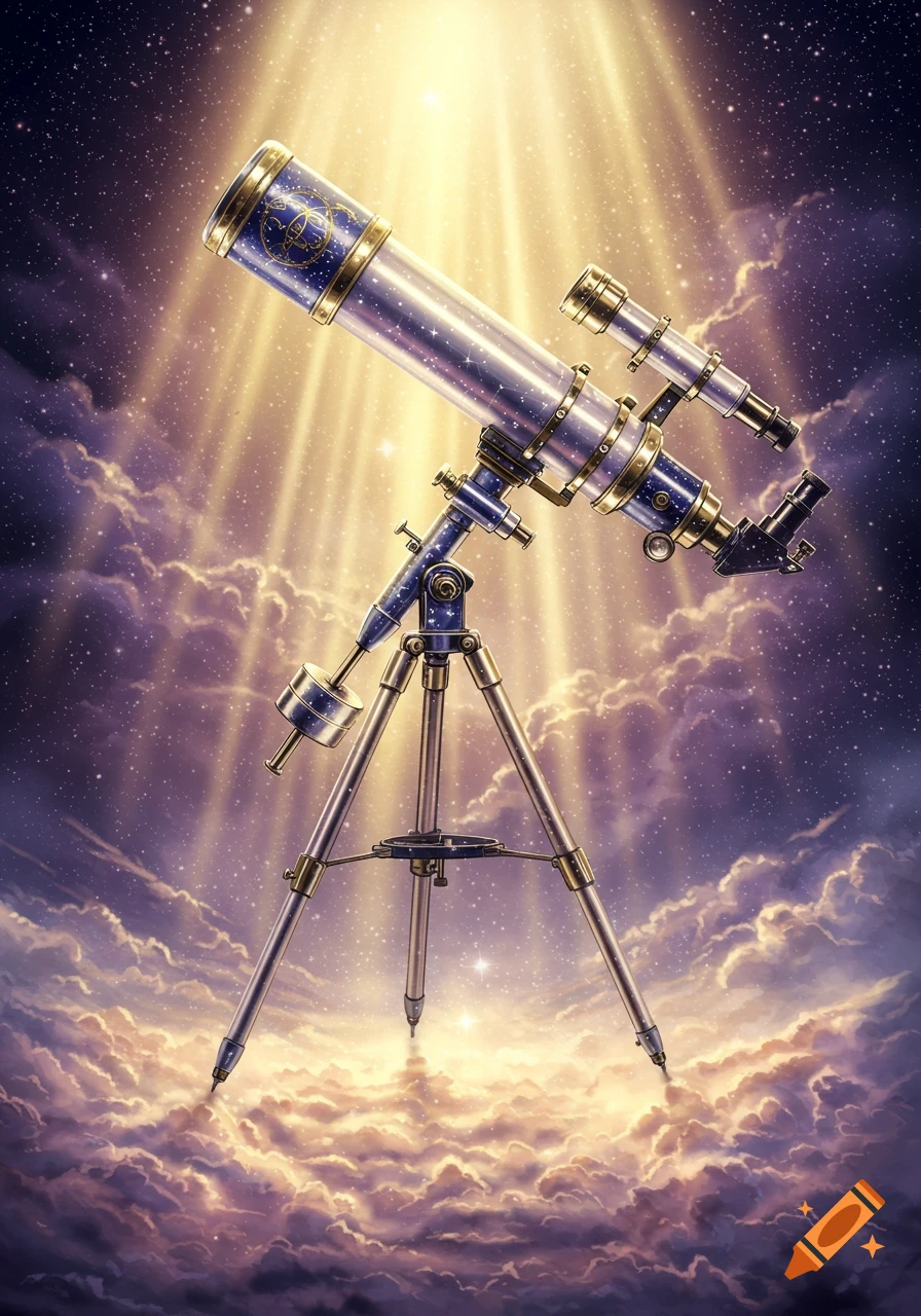 An ethereal telescope with ornate blue and gold details, bathed in golden light rays amidst a starry sky and heavenly clouds.