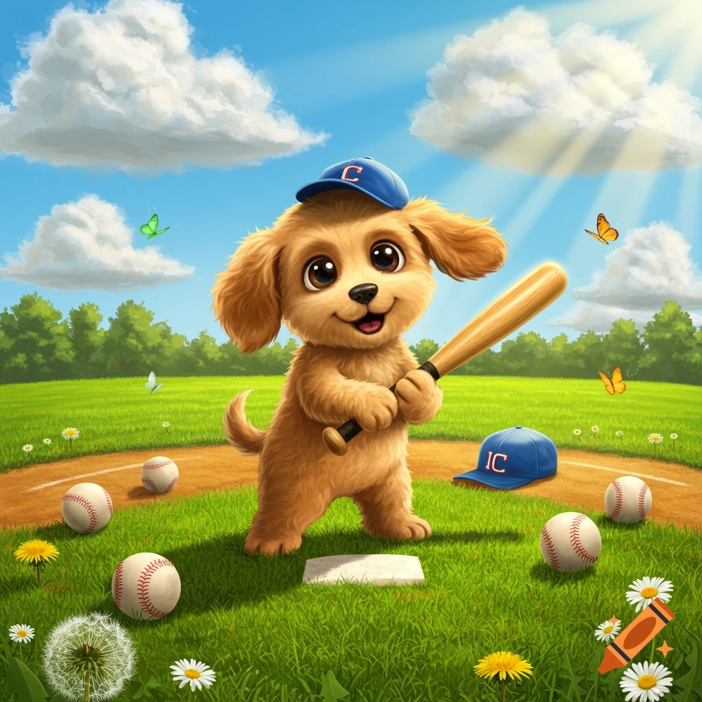 A cute cartoon brown puppy in a blue baseball cap holds a bat on a sunny baseball field with scattered baseballs, butterflies, and flowers.