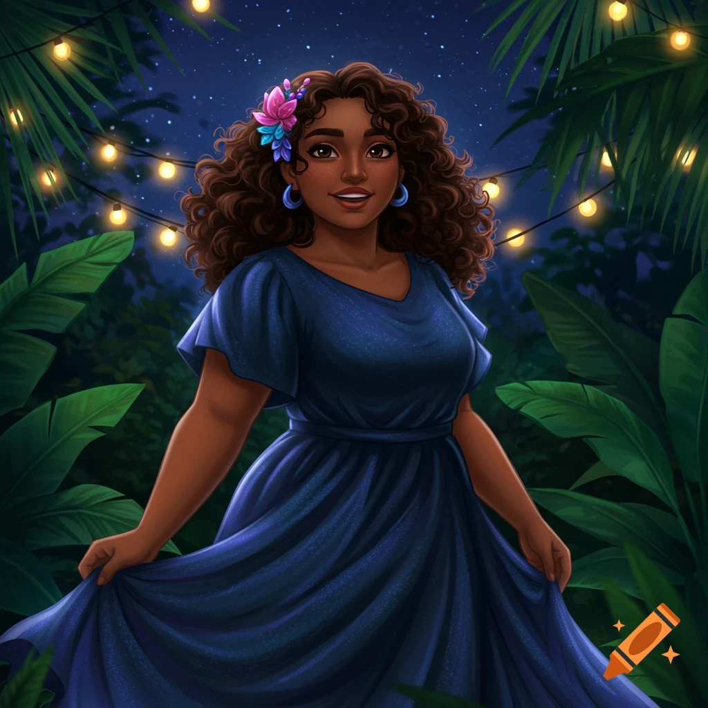Smiling woman with dark skin and curly brown hair in a blue dress, adorned with a flower, stands in a tropical night scene with string lights.
