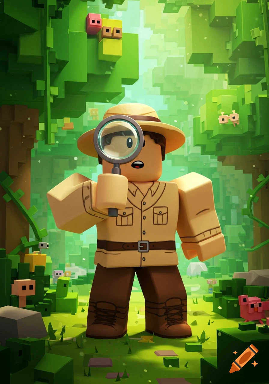 A blocky Roblox-style character in an explorer outfit and pith helmet holds a magnifying glass in a vibrant, pixelated jungle.