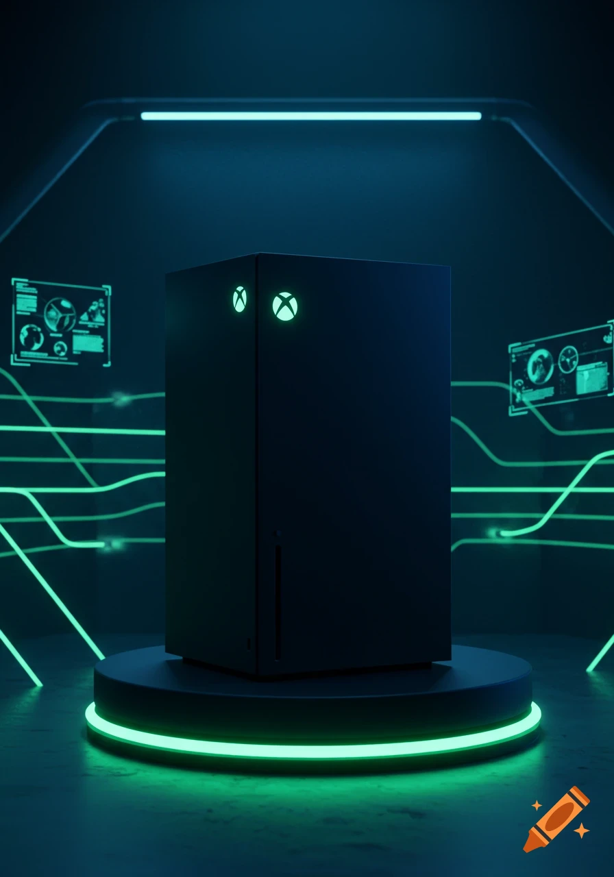 A black Xbox console on a glowing green pedestal in a dark, futuristic room with neon green lights and data screens.