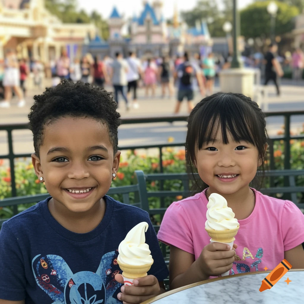 Two smiling children, a boy and a girl, hold ice cream cones at Disneyland.