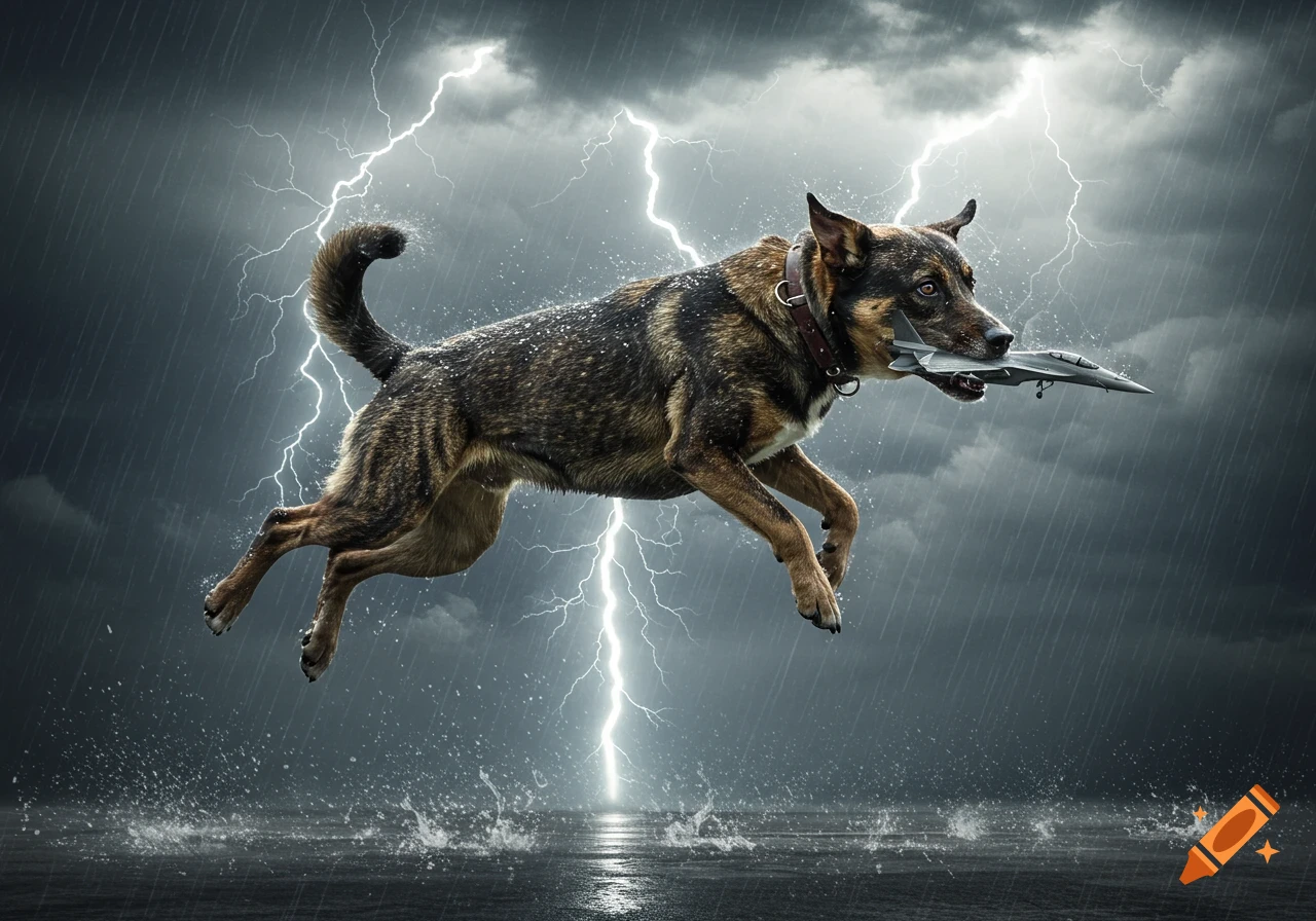 A powerful dog leaps through a thunderstorm, carrying a fighter jet in its mouth, with lightning striking the water.