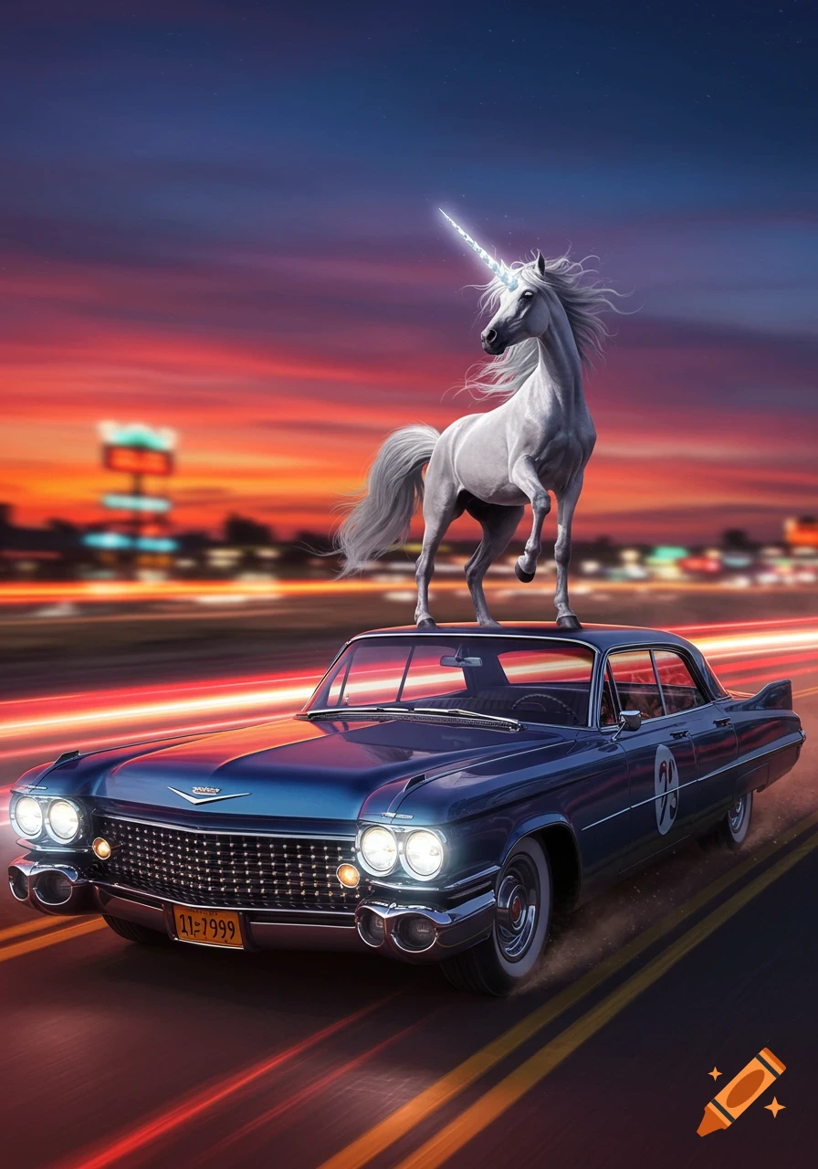 A white unicorn stands atop a blue Cadillac speeding down a road at sunset, with a motion blur effect.
