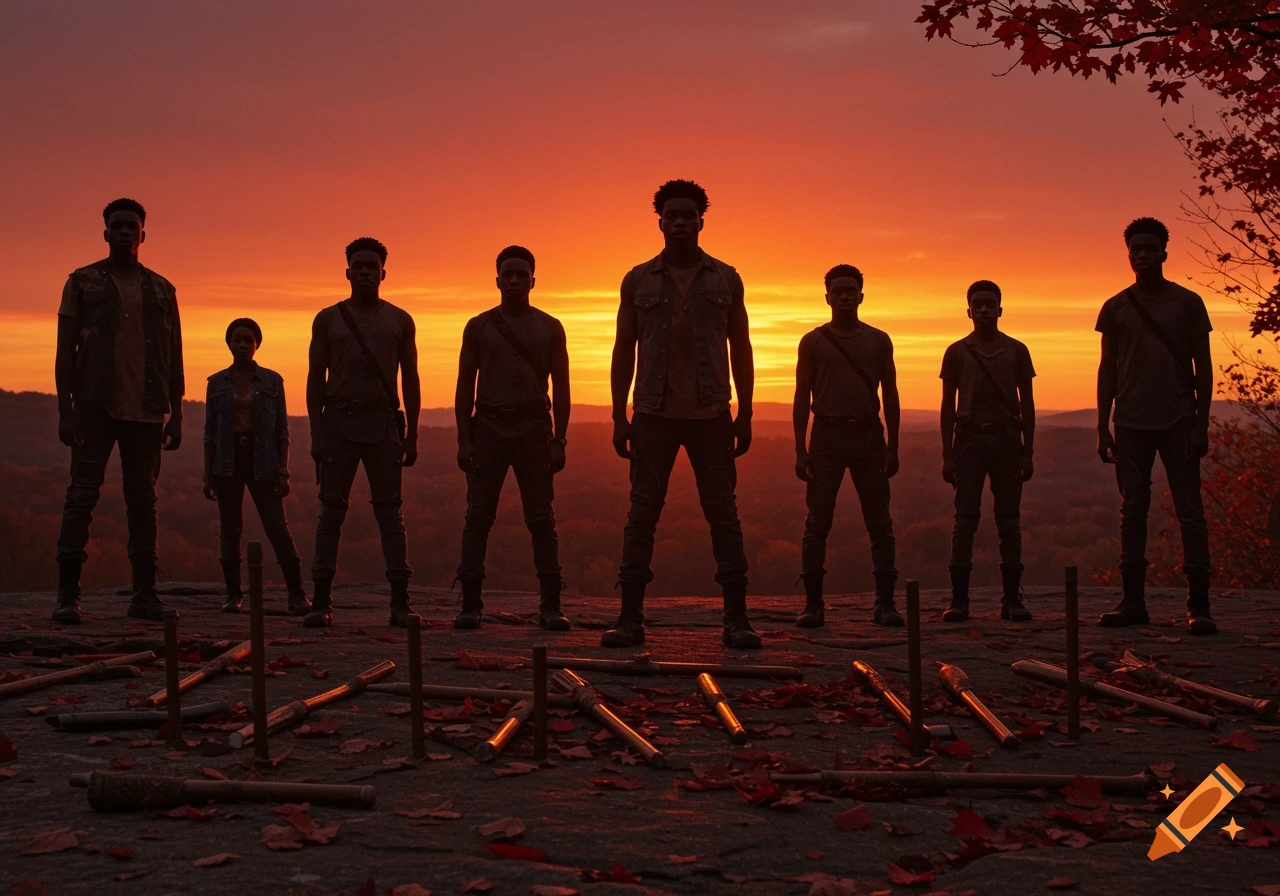 A group of young Black individuals stand silhouetted against a vibrant orange and red sunset, with sticks and leaves on the ground.