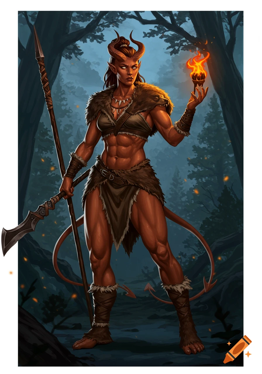 Muscular female tiefling warrior in a bear hide bikini, holding a polearm and flaming orb, stands in a dark forest. Digital fantasy art.