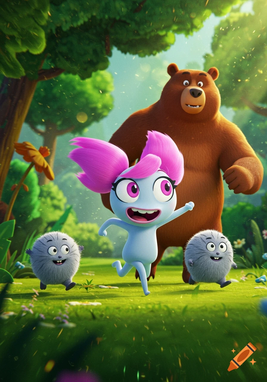 A vibrant 3D animation of Pibby, a bear, and two fuzzy creatures running happily through a sunny forest.