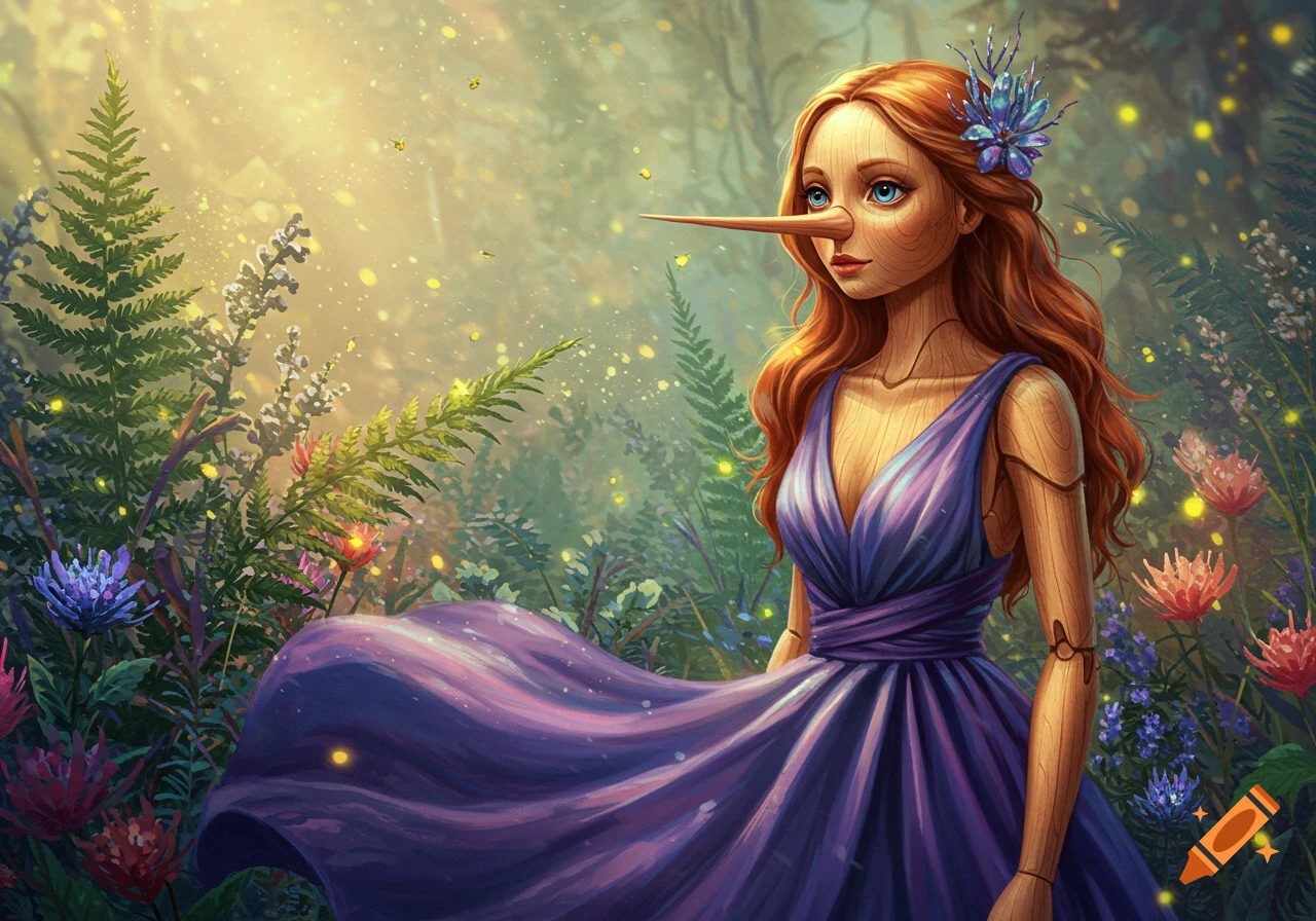 A woman with a long wooden Pinocchio nose, red hair, and wooden joints wears a purple dress in a magical, sunlit forest.