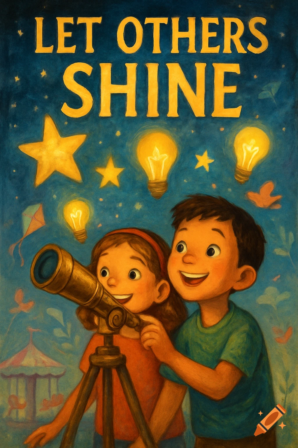 Illustration of two happy children looking through a telescope at stars and glowing lightbulbs, with 'Let Others Shine' text.