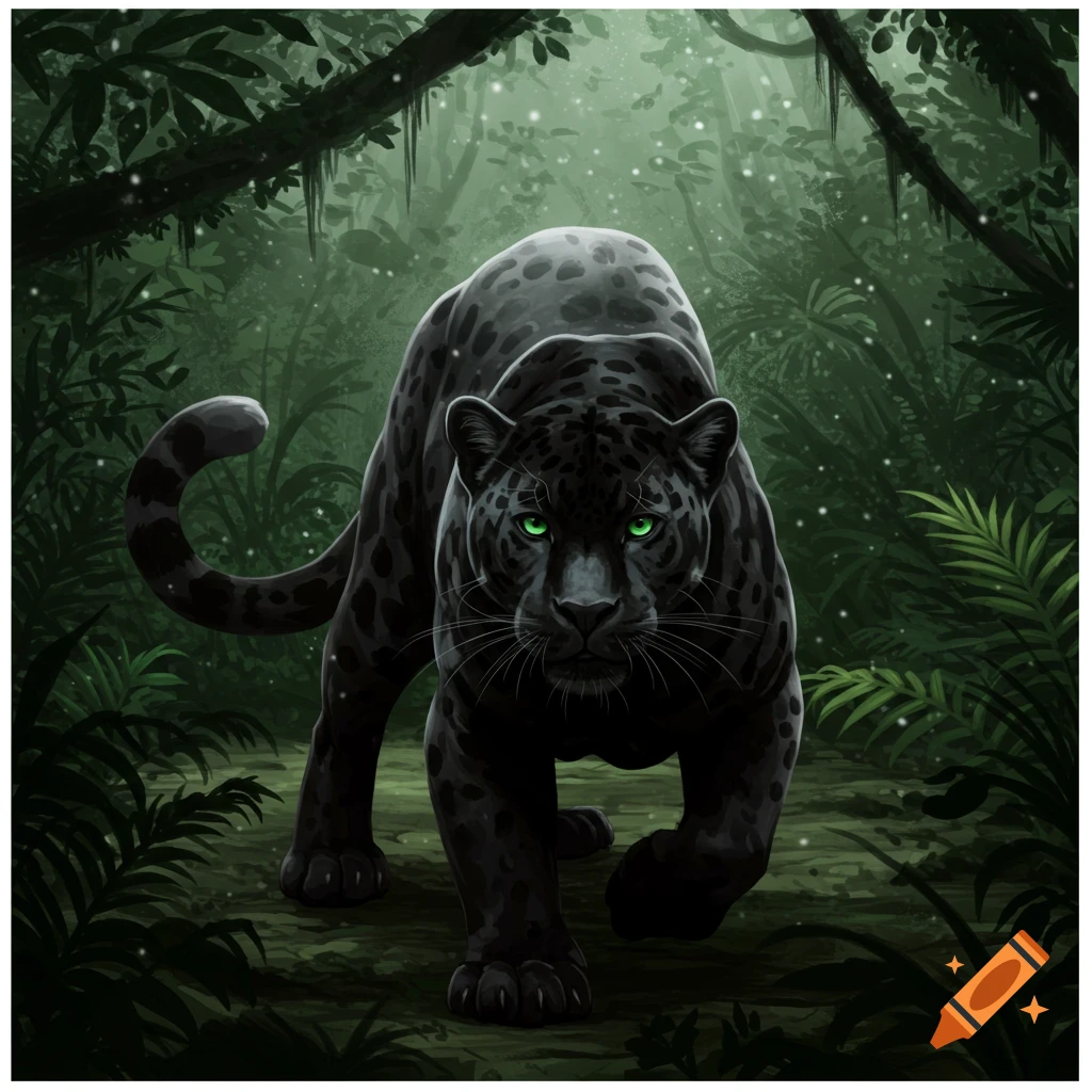 An illustrative depiction of a black jaguar with piercing green eyes, walking forward in a dark, misty jungle.