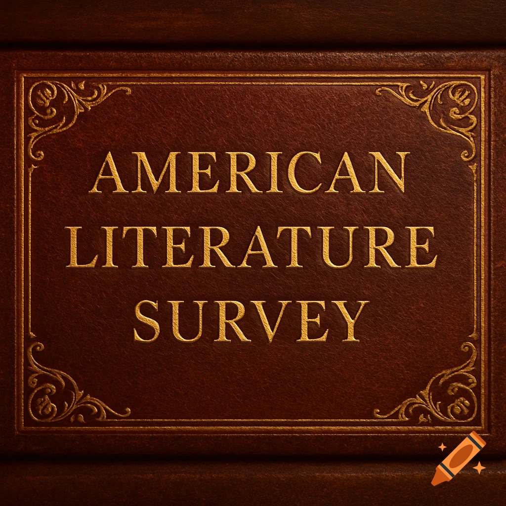 Close-up of a brown leather book cover with gold embossed text 'AMERICAN LITERATURE SURVEY' and ornate trim.