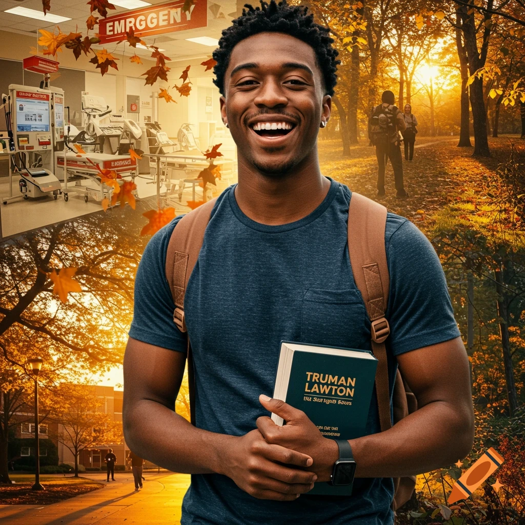 A smiling young Black man with a backpack holds a book titled "TRUMAN LAWTON" in a collage of an autumn park and an emergency room.
