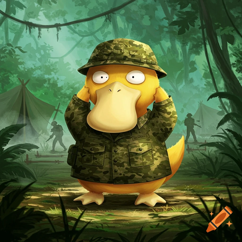 A confused Psyduck in a camouflage military uniform and helmet holds its head in a jungle camp with blurred soldiers.