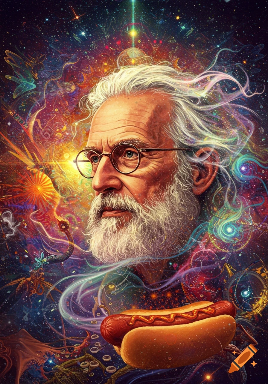 Psychedelic portrait of Terence McKenna with white hair and glasses, surrounded by a vibrant, cosmic background, with a hotdog.