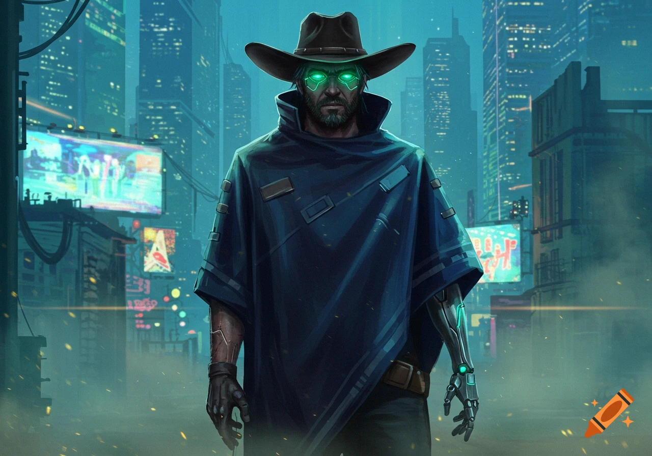A cyberpunk cowboy with glowing green eyes and a cybernetic arm stands in a rainy futuristic city.