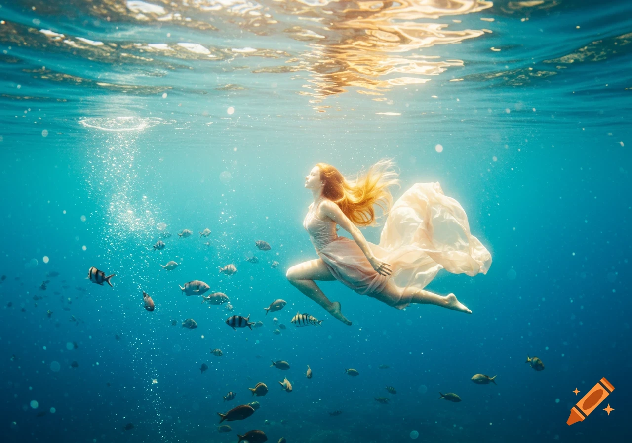 A photorealistic image of a woman in a flowing dress swimming underwater with fish, illuminated by sunlight.