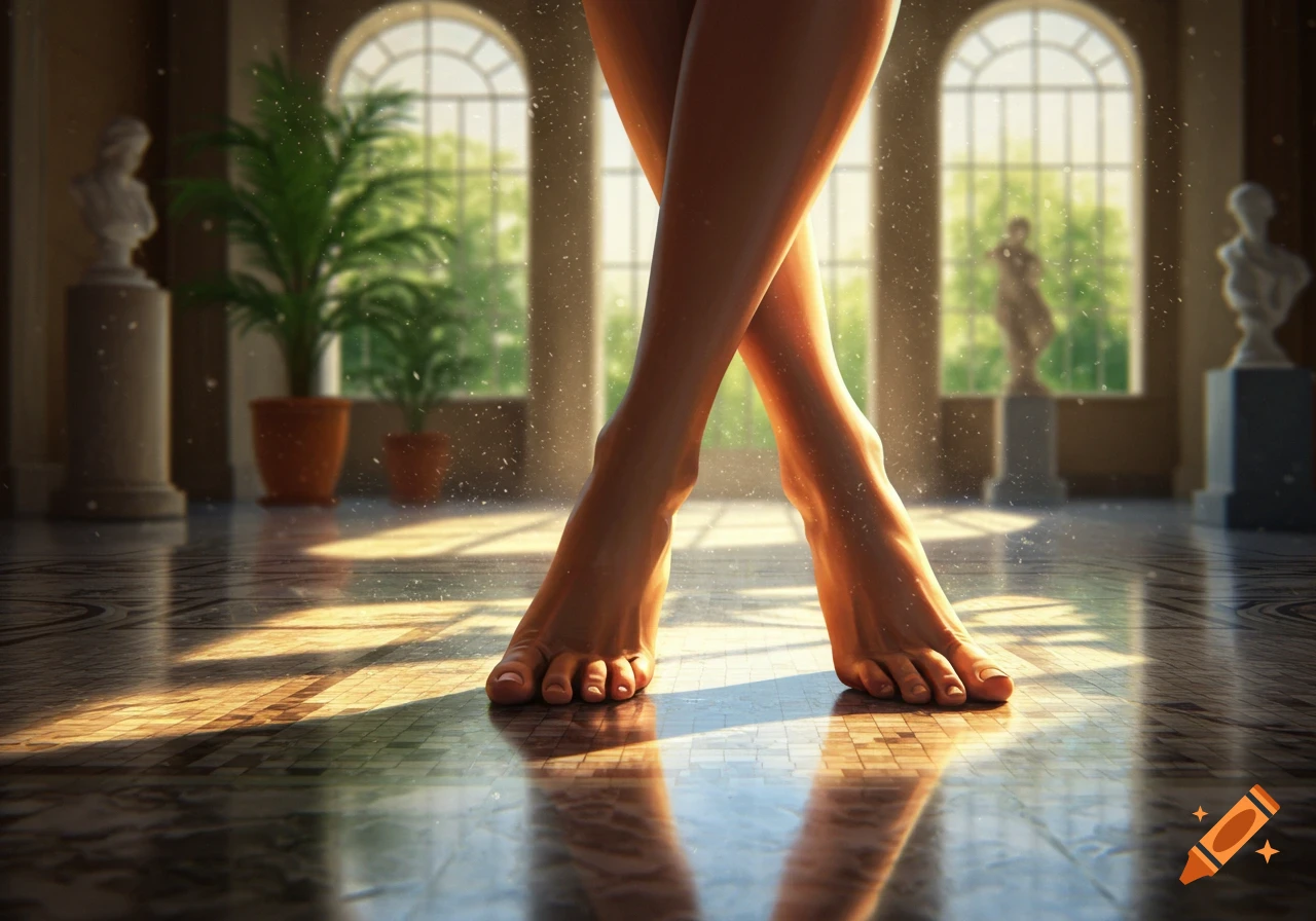 Photorealistic close-up of crossed legs and feet standing on a tiled floor in a grand room bathed in sunlight.