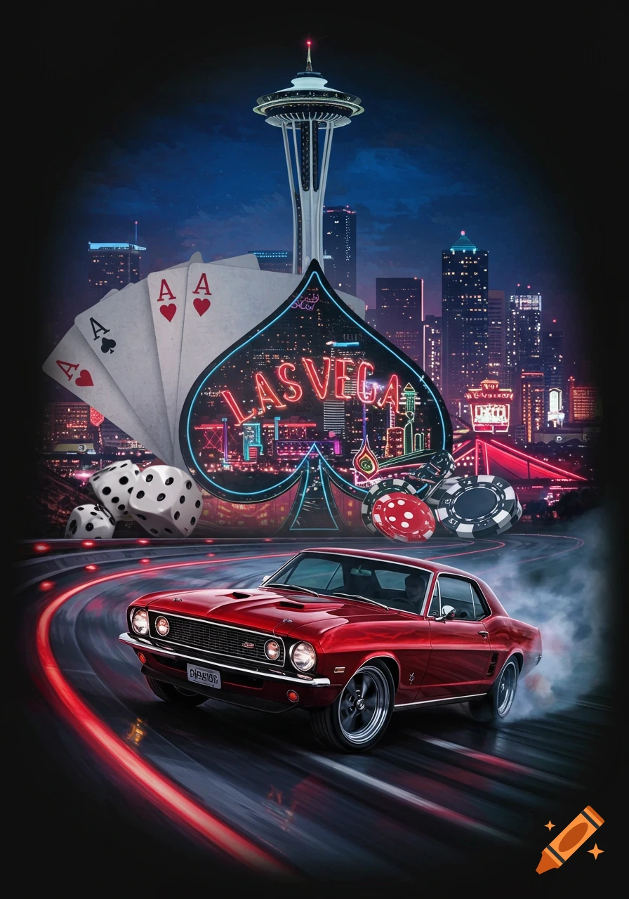 A vibrant digital illustration featuring a red muscle car drifting on a glowing road, with playing cards, dice, poker chips, a neon "LAS VEGAS" sign, and the Seattle Space Needle against a dark city skyline at night.