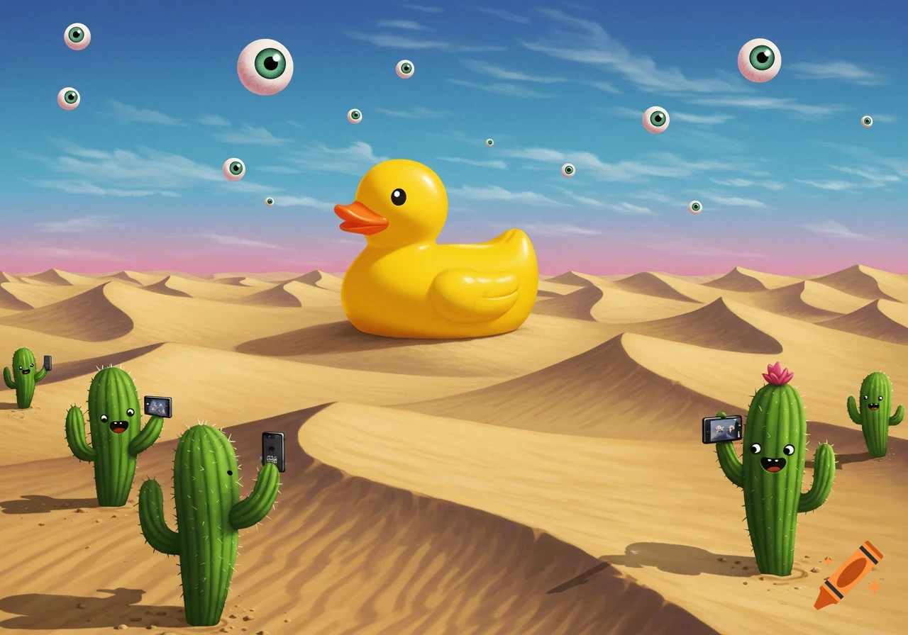 A giant rubber duck sits in a desert landscape with anthropomorphic cacti holding phones taking pictures, under a sky with floating eyeballs. Cartoon style.