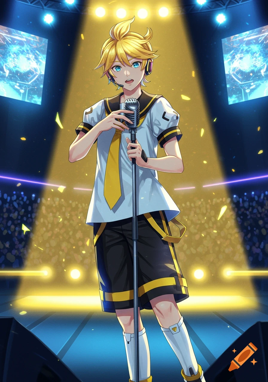 Anime character Len Kagamine on stage, holding a microphone, under bright spotlights with confetti.