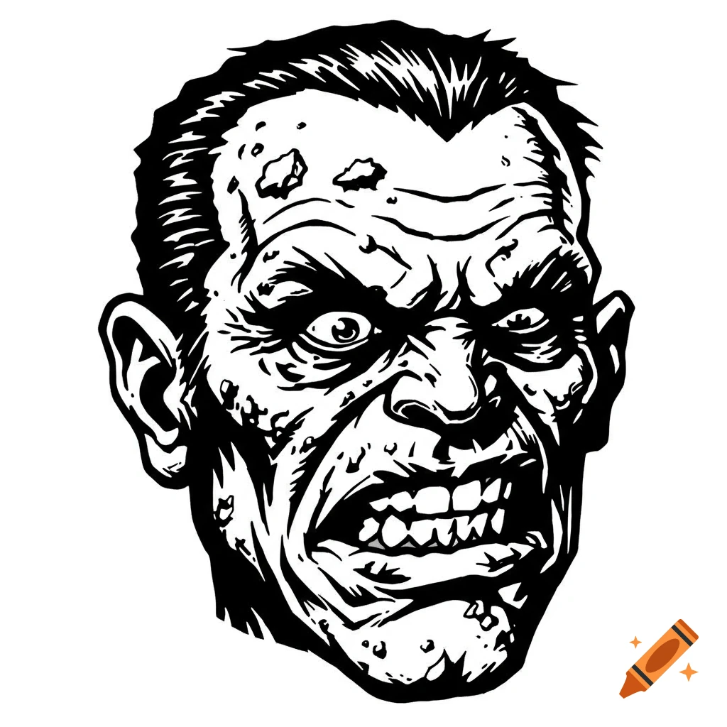 A black and white stencil illustration of a grotesque, angry monster or zombie head with bulging eyes and bared teeth.